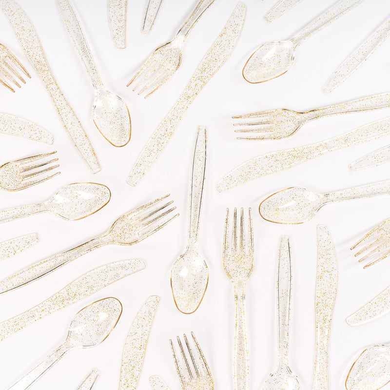 MATANA 300 Gold Glitter Plastic Silverware Set 100 Spoons 100 Knives 100 Forks, Heavy Duty Clear Plastic Cutlery Set Party Utensils for Wedding Receptions, Birthday Parties, Banquet & Catering - Image 5